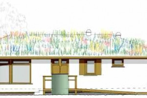 from the Plans - an elevation of the new building - we are not sure whether funding will stretch to a green roof, so an alternative would be cedar shingles.jpg - Perivale wood Centre (Project 21)